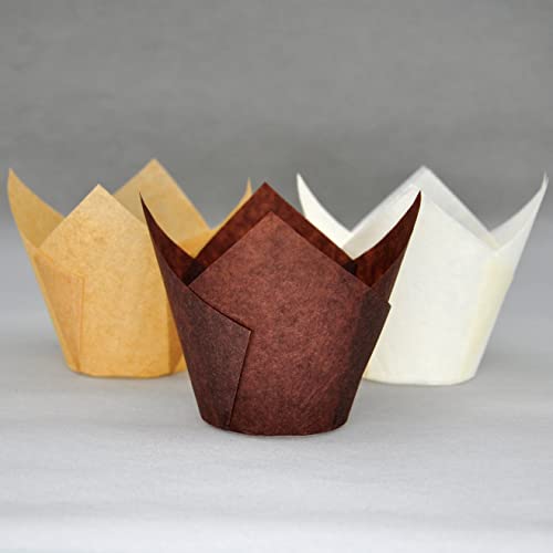MyBakning (JUMBO EXTRA LARGE size) Natural+Brown+White Tulip Baking Cups 2-1/4"(Base diameter) x 3-3/4"(Wall height) Greaseproof paper baking cupcake Muffin liners, Case of 130 pcs - Image 5