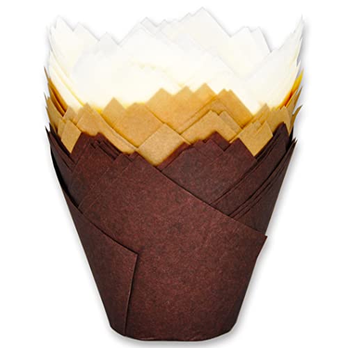MyBakning (JUMBO EXTRA LARGE size) Natural+Brown+White Tulip Baking Cups 2-1/4"(Base diameter) x 3-3/4"(Wall height) Greaseproof paper baking cupcake Muffin liners, Case of 130 pcs - Image 1