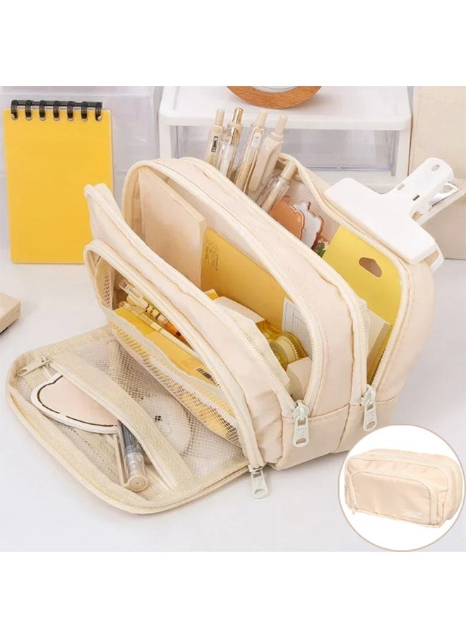 Generic 3-Layer Large Capacity Pencil Case Durable Canvas Stationery Case with Transparent Grid Multifunctional Organizer for Stationery, Cosmetics  Electronics  - Image 1