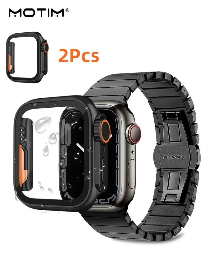 Motim 2 Pcs 2 in 1 Protective Case With Screen Protector 45mm for Apple Watch Series 9/8/7/6/5/4/3/2/1, Tempered Glass Waterproof Hard PC iWatch Screen Cover  - Image 1