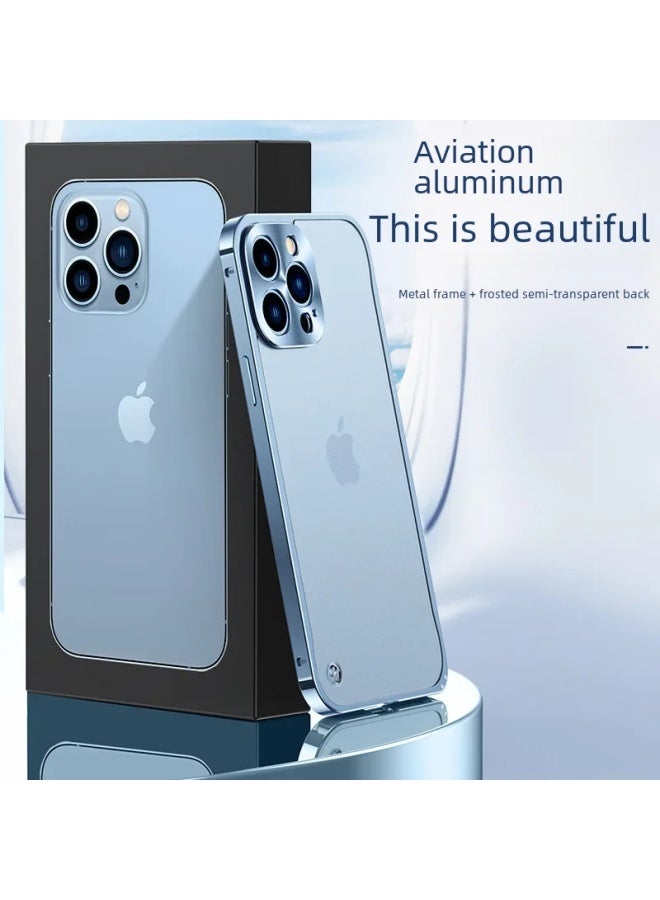 Mobile Phone Case For Iphone 14 For Iphone12promax Metal Frame 13 Transparent 11 Frosted Back Cover-Color:Seahorse Buckle [far Peak Blue] Translucent Frosted Back Plate-Applicable Model:For Iphone 15 Pro