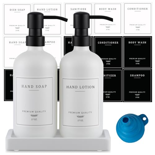 eggs sound Thick Glass Soap Dispenser - Kitchen Dish Hand Soap Dispenser Set,Rustproof Pump Soap Lotion Dispenser Bathroom with Tray,14 Stickers for Kitchen Decor White Bottle/Black Pump - Image 1