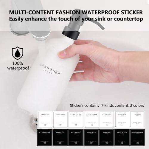 eggs sound Thick Glass Soap Dispenser - Kitchen Dish Hand Soap Dispenser Set,Rustproof Pump Soap Lotion Dispenser Bathroom with Tray,14 Stickers for Kitchen Decor White Bottle/Black Pump - Image 4