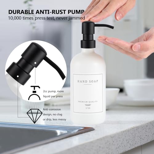 eggs sound Thick Glass Soap Dispenser - Kitchen Dish Hand Soap Dispenser Set,Rustproof Pump Soap Lotion Dispenser Bathroom with Tray,14 Stickers for Kitchen Decor White Bottle/Black Pump - Image 5