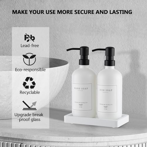 eggs sound Thick Glass Soap Dispenser - Kitchen Dish Hand Soap Dispenser Set,Rustproof Pump Soap Lotion Dispenser Bathroom with Tray,14 Stickers for Kitchen Decor White Bottle/Black Pump - Image 3