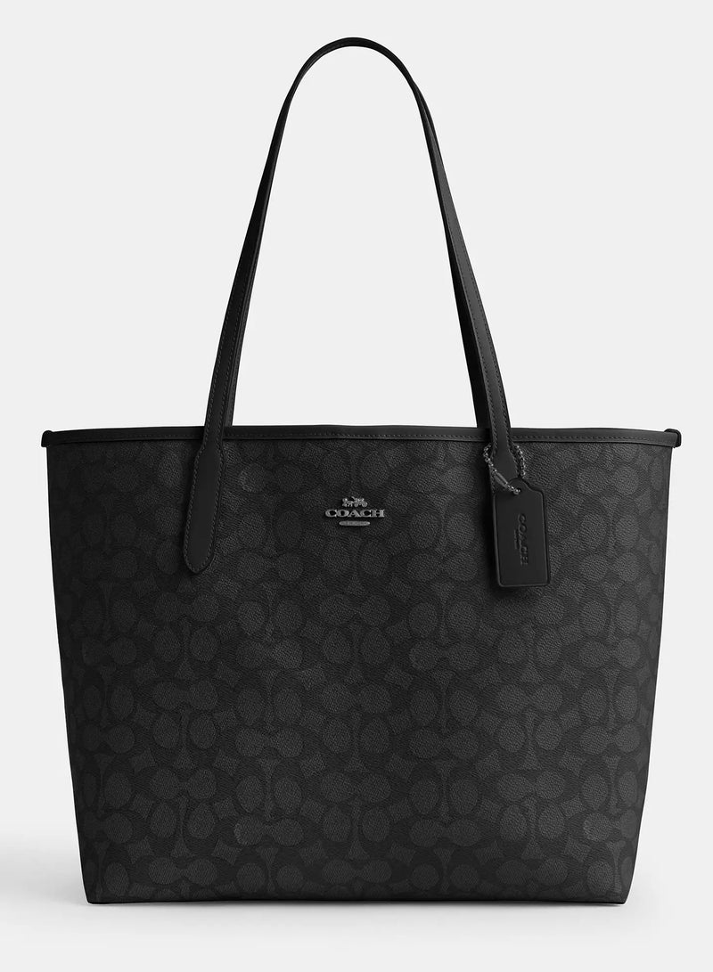 coachoutlet Coach City Tote Bag In Signature Canvas, Women's Cross Body Bag, Women's Hand Bag, Women's Shoulder Bag, Women's Travel Bag, Charcoal-Black  - Image 1