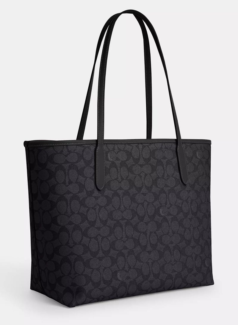 coachoutlet Coach City Tote Bag In Signature Canvas, Women's Cross Body Bag, Women's Hand Bag, Women's Shoulder Bag, Women's Travel Bag, Charcoal-Black  - Image 3