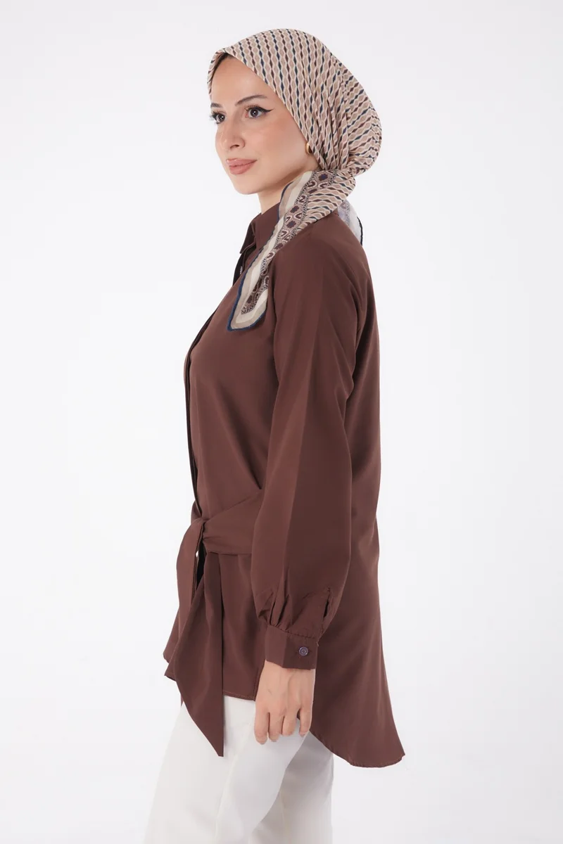 Tofisa Plain Shirt Collar Women's Brown Lace Detail Tunic - 13250