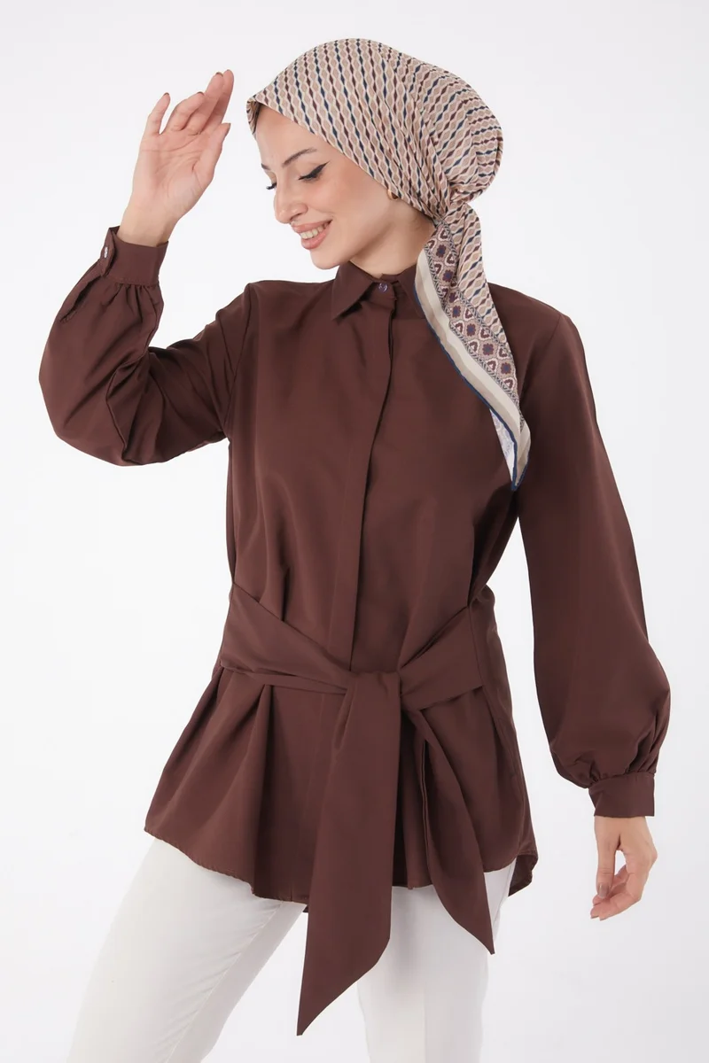 Tofisa Plain Shirt Collar Women's Brown Lace Detail Tunic - 13250