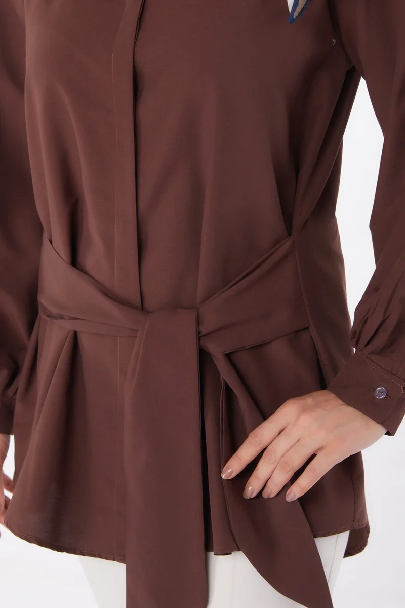 Tofisa Plain Shirt Collar Women's Brown Lace Detail Tunic - 13250