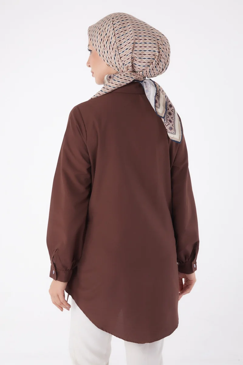 Tofisa Plain Shirt Collar Women's Brown Lace Detail Tunic - 13250