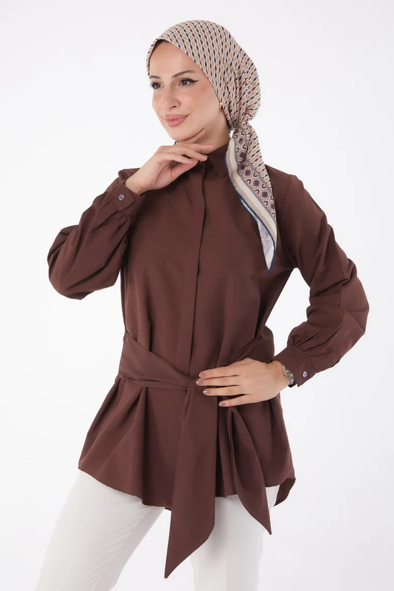 Tofisa Plain Shirt Collar Women's Brown Lace Detail Tunic - 13250