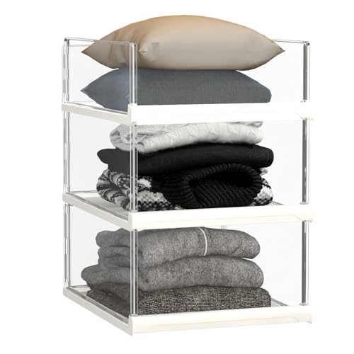 Covetree 3 Pack Stackable Closet Organizers and Storage Shelves Transparent Sweater Organizer for Closet Bathroom Kitchen Cupboard Laundry Room and Office - Image 1