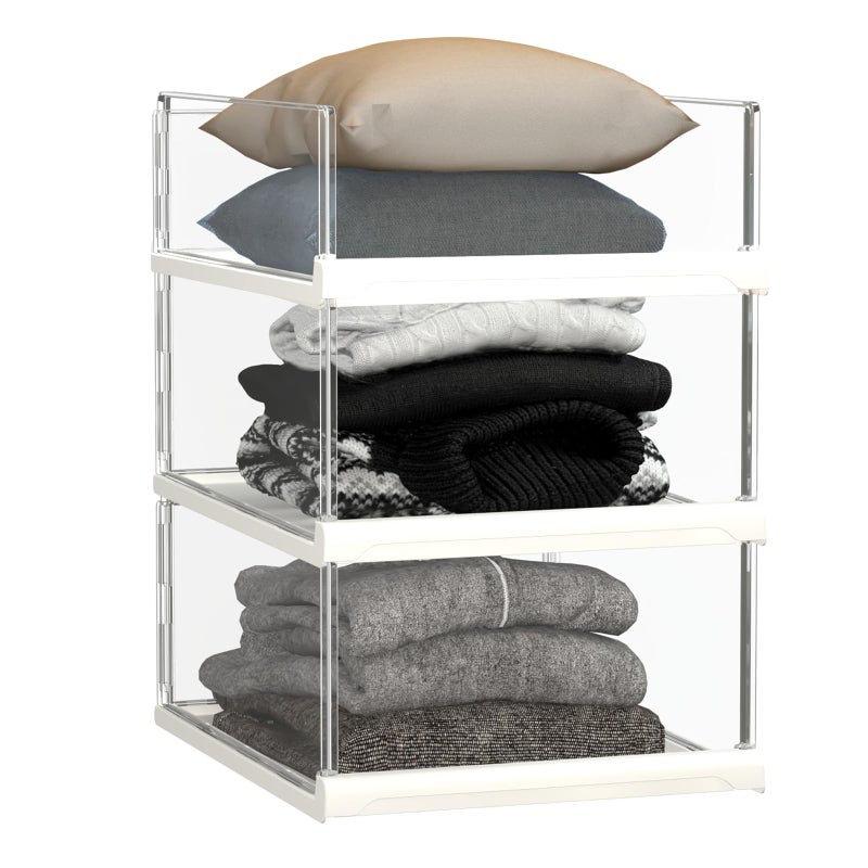 Covetree 3 Pack Stackable Closet Organizers and Storage Shelves Transparent Sweater Organizer for Closet Bathroom Kitchen Cupboard Laundry Room and Office - Image 2