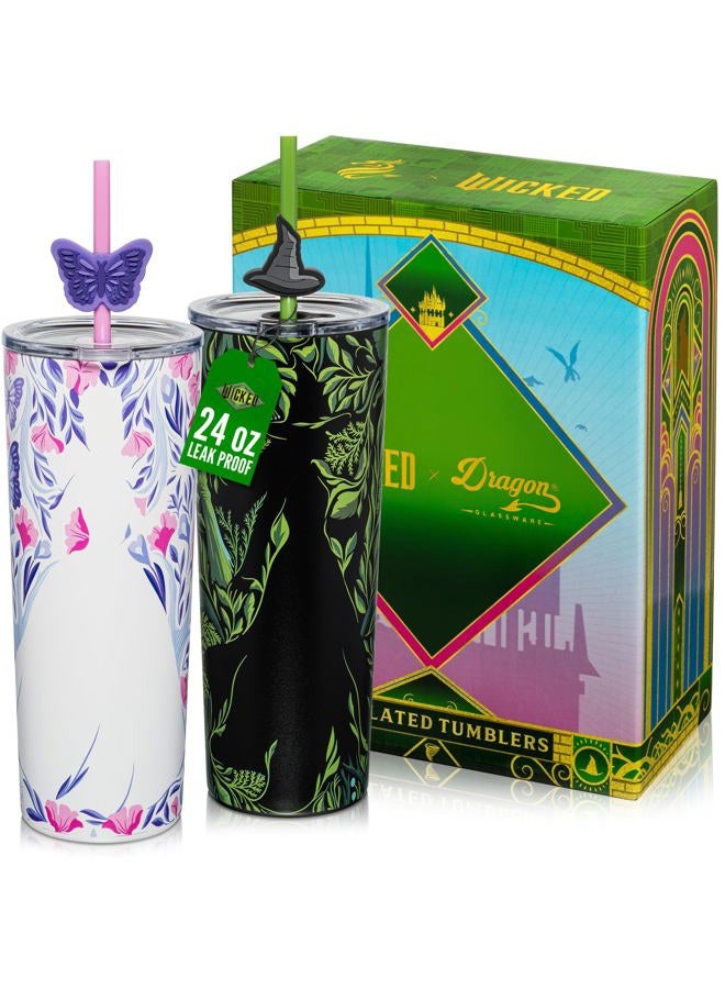 Dragon Glassware x Wicked: For Good 2-Pack 24 oz Vacuum Insulated Tumbler with Lid and Straw - Set of 2 Wicked Tumblers with 4 Straws and Toppers - Official Wicked Merch - Shadows - Image 1