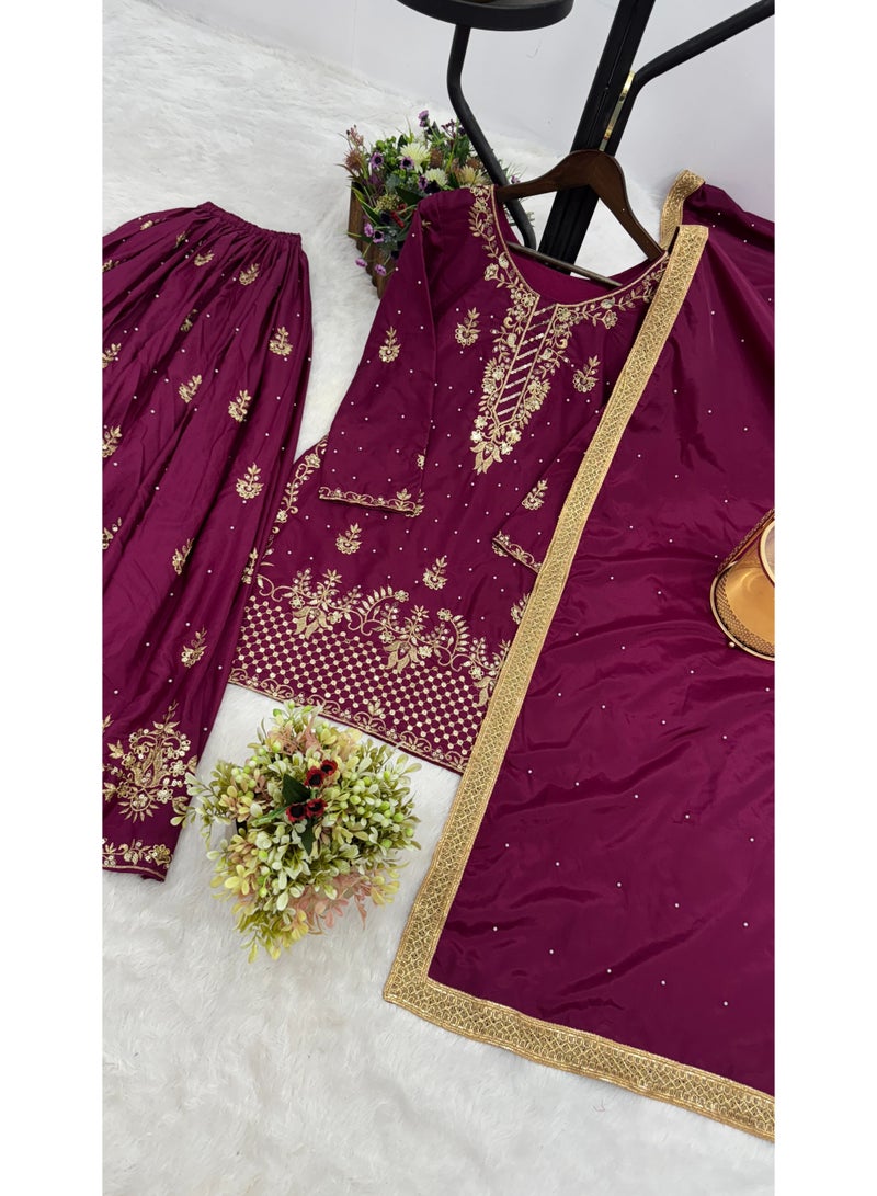 Super Asian Designer Palazo Set with Embroidery, Sequence & Riveted Moti Work | Fully Stitched  - Image 5