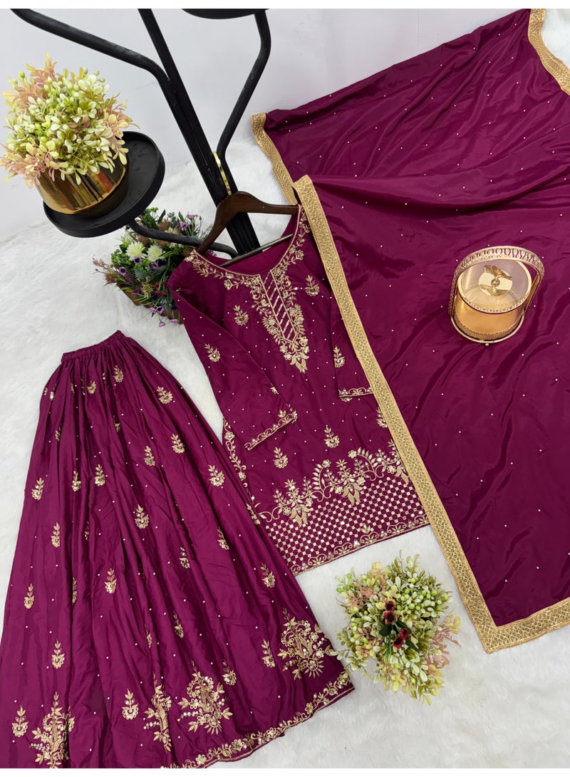 Super Asian Designer Palazo Set with Embroidery, Sequence & Riveted Moti Work | Fully Stitched  - Image 4