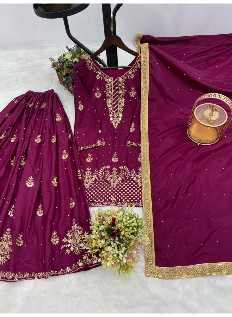 Super Asian Designer Palazo Set with Embroidery, Sequence & Riveted Moti Work | Fully Stitched  - Image 2