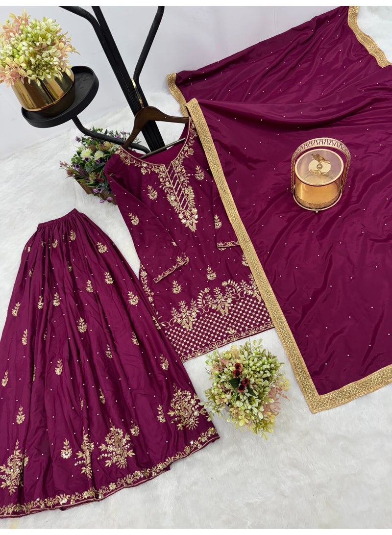 Super Asian Designer Palazo Set with Embroidery, Sequence & Riveted Moti Work | Fully Stitched  - Image 3