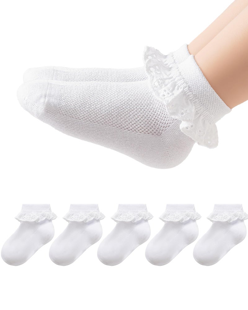 Funjoon 2-8Y Toddler Little Girls Cute White Ruffle Socks Dress Lace Frilly Ankle Cotton School Socks, white 4-6Y - Image 1
