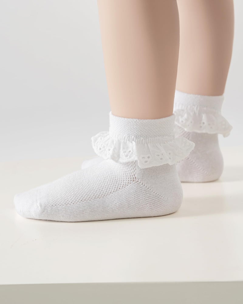 Funjoon 2-8Y Toddler Little Girls Cute White Ruffle Socks Dress Lace Frilly Ankle Cotton School Socks, white 4-6Y - Image 3