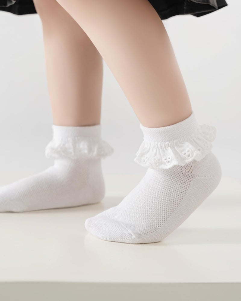Funjoon 2-8Y Toddler Little Girls Cute White Ruffle Socks Dress Lace Frilly Ankle Cotton School Socks, white 4-6Y - Image 2
