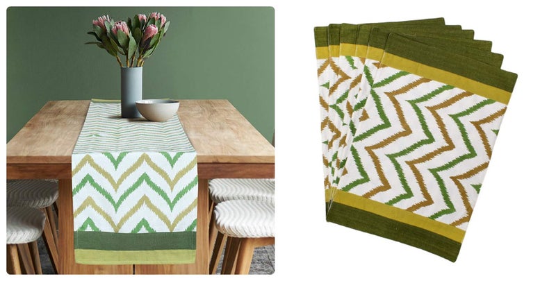 Dekor World Chevron Printed Green Cotton Table Runner with 4 Pcs Place Mat (33x120cm/33x47cm) (Pack of 5 Piece)-4 Seater Dinning & Center Table - Image 4