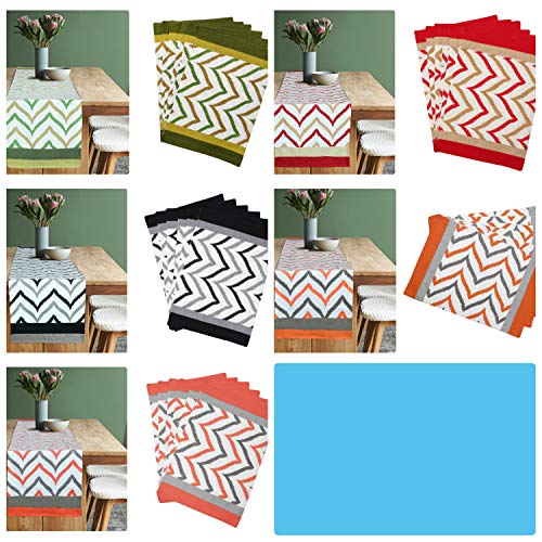 Dekor World Chevron Printed Green Cotton Table Runner with 4 Pcs Place Mat (33x120cm/33x47cm) (Pack of 5 Piece)-4 Seater Dinning & Center Table - Image 5