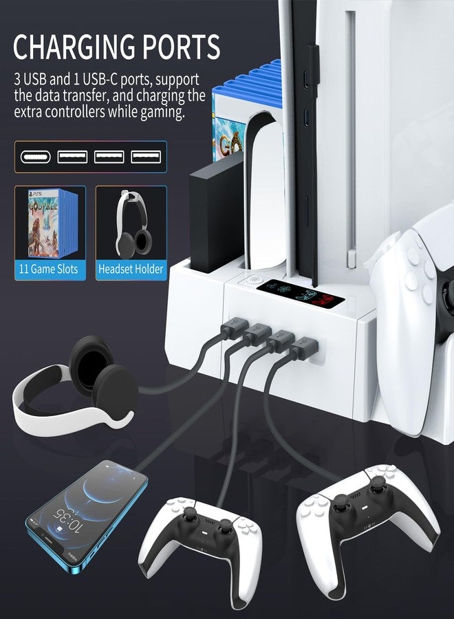 fivtek PS5 / PS5 Slim Cooling Station with Controller Charging Station, Cooling Stand for PlayStation 5 Console, PS 5 Dock Accessories Organizer with Storage Slot, PS 5 Cooler Fan, Headset Holder, 4 USB Hub - Image 4