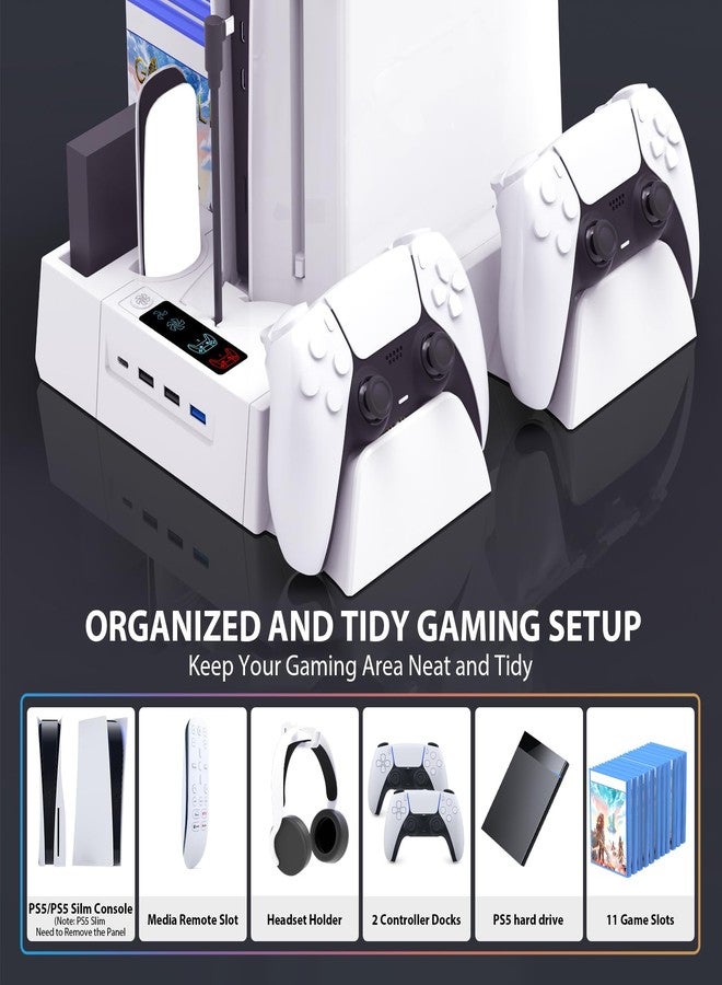 fivtek PS5 / PS5 Slim Cooling Station with Controller Charging Station, Cooling Stand for PlayStation 5 Console, PS 5 Dock Accessories Organizer with Storage Slot, PS 5 Cooler Fan, Headset Holder, 4 USB Hub - Image 3