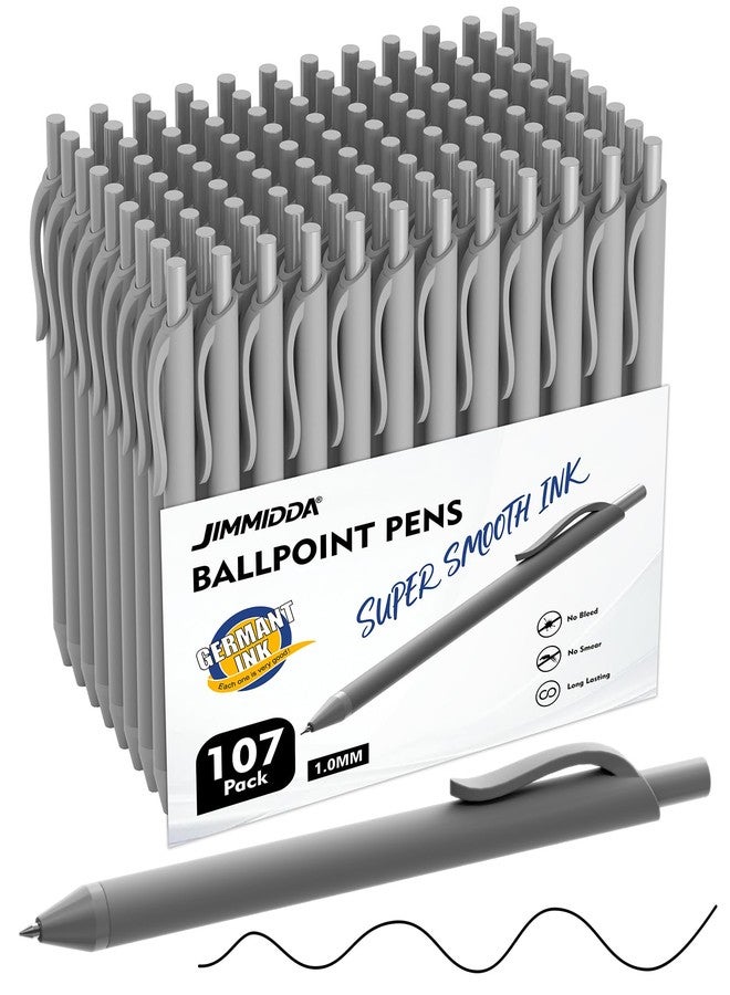 JIMMIDDA 107 Pcs Pens Bulk - 1.0MM Ballpoint Pens Black Ink | Medium Point Retractable Smooth Writing, Quick Drying Journaling Ball Point Pen for Office School Supplies (Gray Barrel) - Image 1
