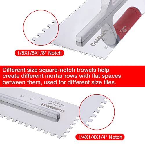 Goldblatt 2-Piece Notch Trowel Set, 1/8"X1/8" Square & 1/4"X1/4" Square, Made of Premium Stainless Steel with Soft Grip Handle, Perfect for Masonry Tile Work - Image 3