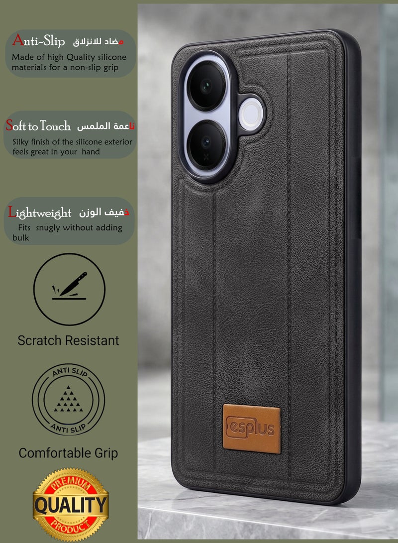 جراب خلفي فاخر من السيليكون بلمسة نهائية جلدية لهاتف Vivo V60 Lite | غطاء سيليكون عالي الجودة مصمم خصيصًا لهاتف Vivo V60 Lite | حماية فائقة من الصدمات، مقاوم للصدمات، مقاوم لبصمات الأصابع، ملمس مريح، جراب متين لحماية ظهر هاتف Vivo V60 Lite - أسود - Image 2