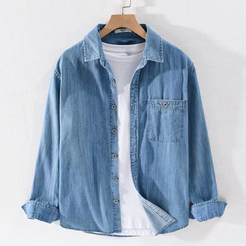 قميص جينز أزرق ناعم بأكمام طويلة للرجال تصميم قميص على الطراز هونغ كونغ، جاكيت كاجوال للرجال - Image 1