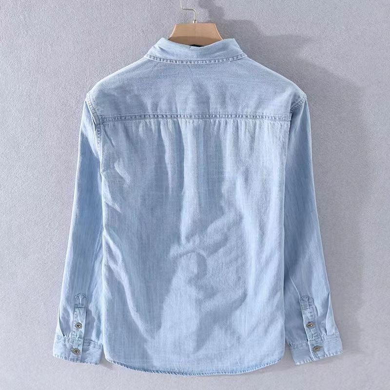 قميص جينز أزرق ناعم بأكمام طويلة للرجال تصميم قميص على الطراز هونغ كونغ، جاكيت كاجوال للرجال - Image 5