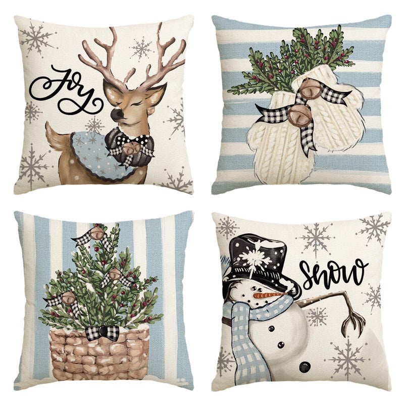 AVOIN colorlife AVOIN colorlife Christmas Snowman Reindeer Gloves Eucalyptus Blue Throw Pillow Covers 20 x 20 Inch Winter Holiday Stripes Cushion Case Decoration for Sofa Couch Set of 4 