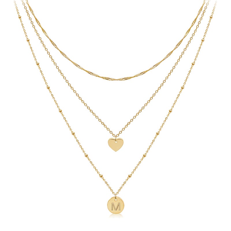 Aisansty Layered Gold Heart Initial Necklaces for Women Gold Plated Handmade Dainty Tiny Heart Personalized Letter Coin Pendant Adjustable Layering Chain Choker Necklaces,M Necklace