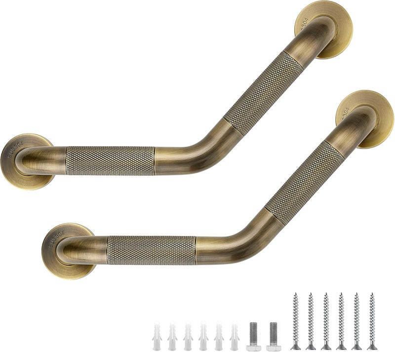 JOY DECOR قضبان الإمساك لأحواض الاستحمام والدش - قضيب دش مائل بقياس 1-1/4 × 16 بوصة لكبار السن، من الفولاذ المقاوم للصدأ المحزز، قضبان إمساك للمعاقين للحائط (برونز عتيق، عبوة من قطعتين) - Image 1