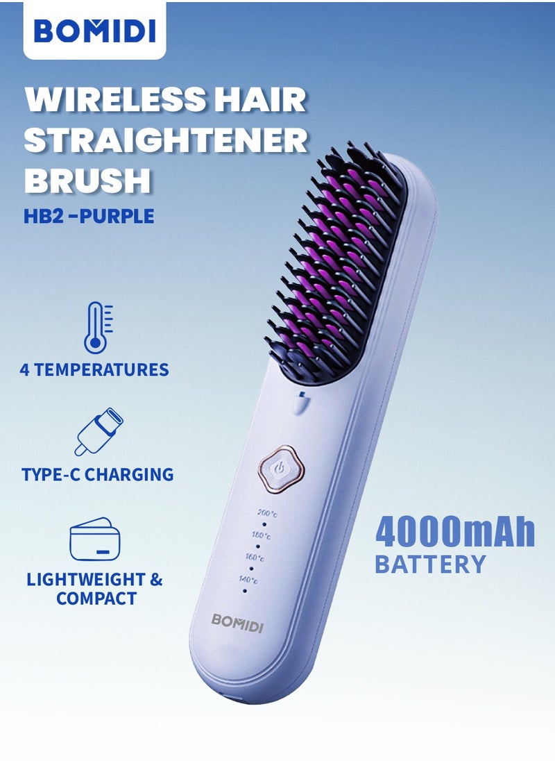 BOMIDI Wireless Hair Straightener Brush 4 Temperatures Adjustable 140-200℃ Portable Negative ion Hair Straightener Comb Type-C Charging 4000mAh Battery for Travel HB2-Purple  - Image 1