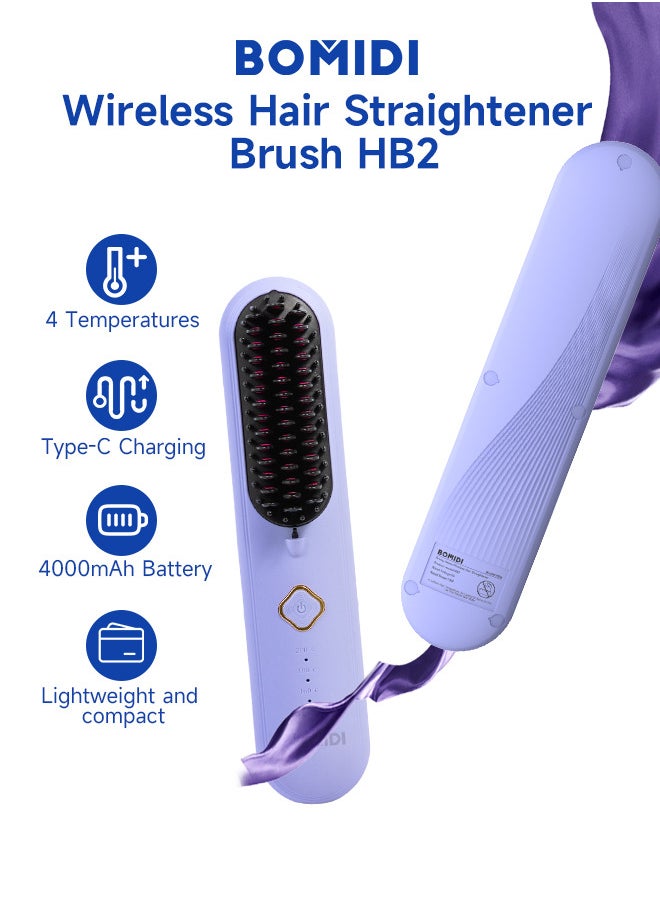 BOMIDI Wireless Hair Straightener Brush 4 Temperatures Adjustable 140-200℃ Portable Negative ion Hair Straightener Comb Type-C Charging 4000mAh Battery for Travel HB2-Purple  - Image 3
