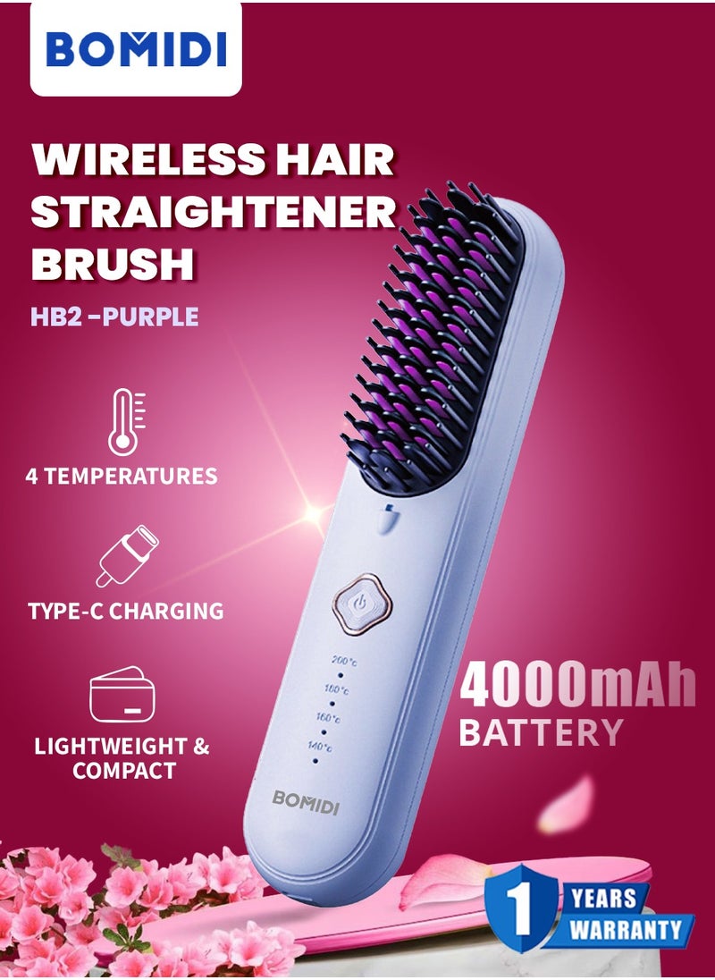 BOMIDI Wireless Hair Straightener Brush 4 Temperatures Adjustable 140-200℃ Portable Negative ion Hair Straightener Comb Type-C Charging 4000mAh Battery for Travel HB2-Purple  - Image 2