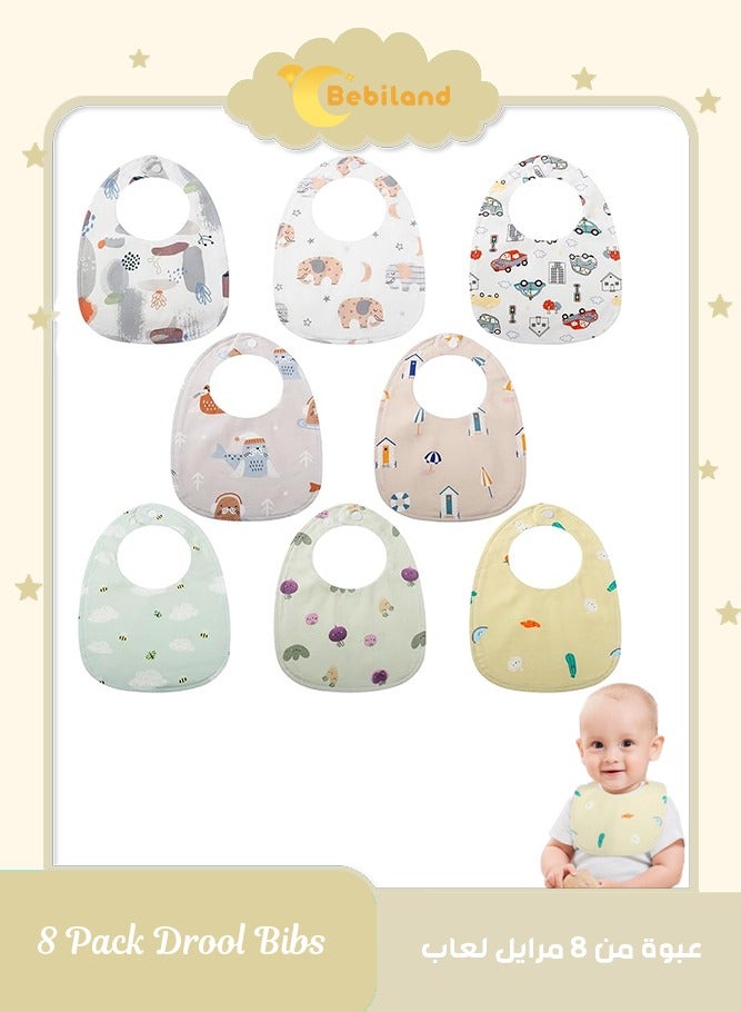 Bebiland 8 Pack Dribble Bibs, Soft Cotton Baby Teething Bibs Waterproof Drool Bibs (Multicolour) - Image 1