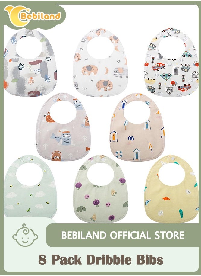 Bebiland 8 Pack Dribble Bibs, Soft Cotton Baby Teething Bibs Waterproof Drool Bibs (Multicolour)  - Image 1