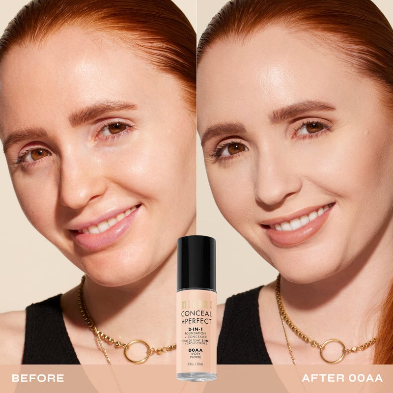 Milani Conceal + Perfect 2-in-1 Foundation + Concealer for a Flawless Complexion, Under Eye Corrector, Cover Redness and Imperfections, Waterproof and Sweatproof - Ivory - Image 2