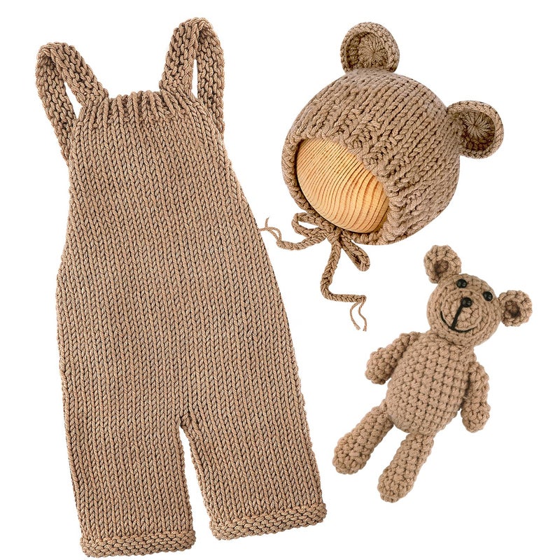 BLUETOP Newborn Photography Outfits Boys Girls Baby Costume Set Newborn Photo Props Soft Knit Newborn Bear Outfit for Photography Hat Romper with Adjustable Shoulder Straps Included Cute Bear - Image 2