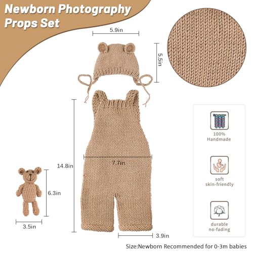 BLUETOP Newborn Photography Outfits Boys Girls Baby Costume Set Newborn Photo Props Soft Knit Newborn Bear Outfit for Photography Hat Romper with Adjustable Shoulder Straps Included Cute Bear - Image 3