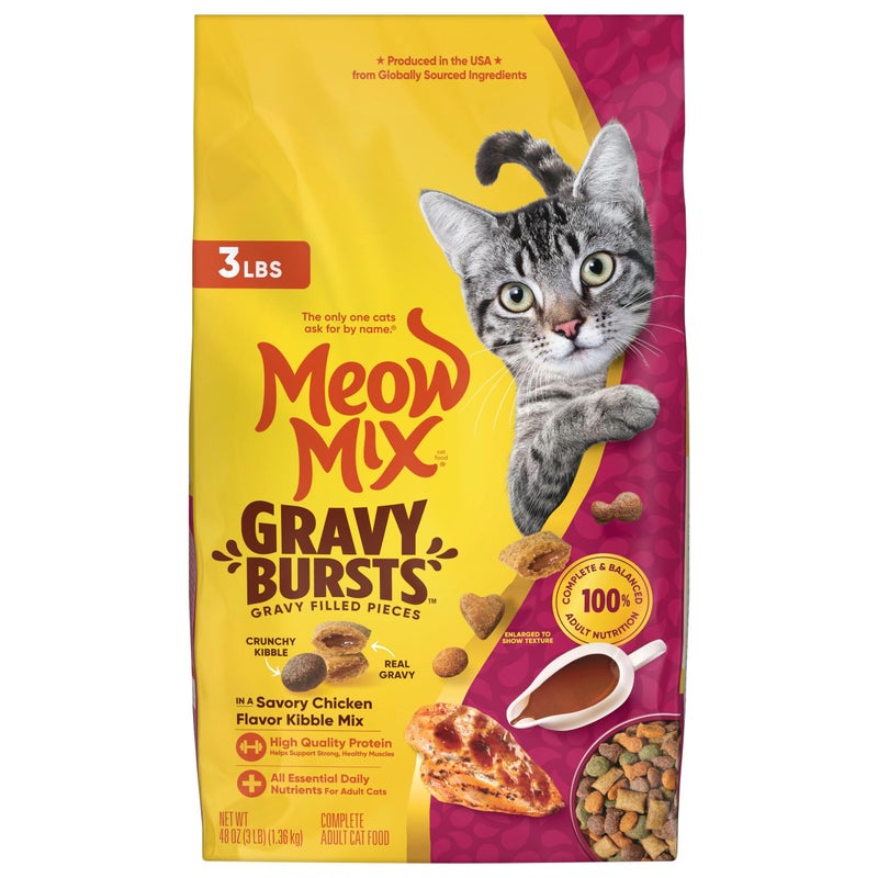Meow Mix Gravy Bursts, Savory Chicken Flavor Mix, Gravy Filled Dry Cat Food, 3 lb. Bag - Image 1