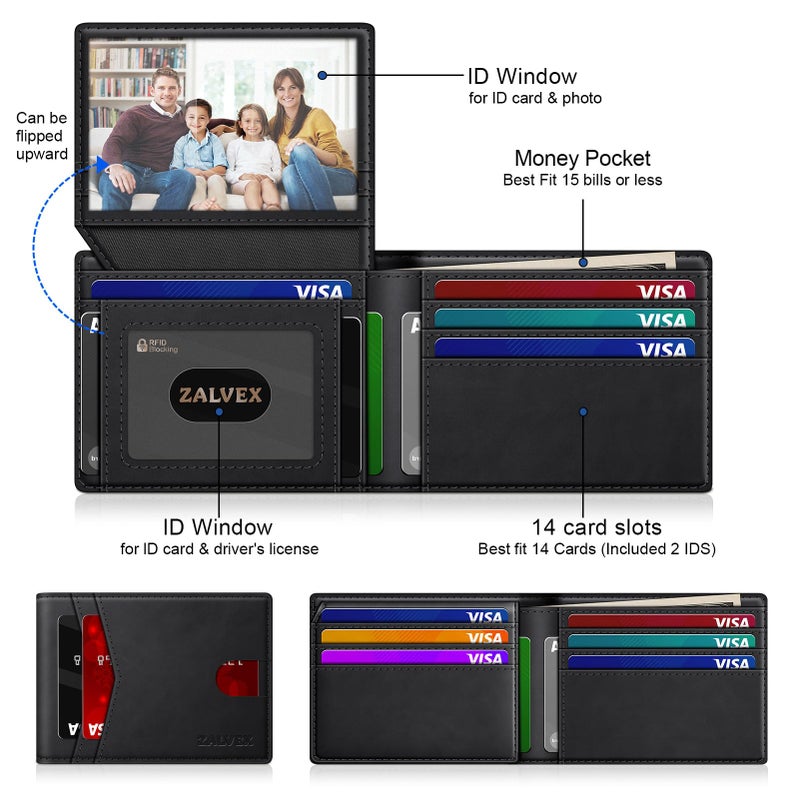 ZALVEX Wallet for Men Slim RFID Blocking Leather Credit Card Holder Wallet for 14 Cards, Bifold Minimalist Thin Wallet with 2 ID Windows & Cash Slot, Front Pockt Carteras Para Hombres, Birthday Gifts for Men - Image 2