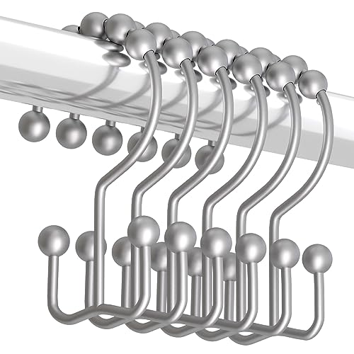 Titanker Shower Curtain Hooks Rings, Rust-Resistant Metal Double Glide Shower Hooks for Bathroom Shower Rods Curtains, Set of 12 Hooks - Space Silver - Image 1