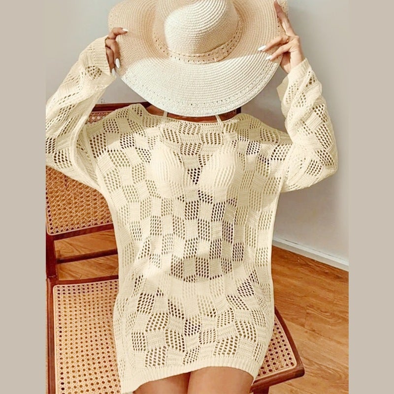 Hollow Out Knitted Beach Cover-Up Dress Long Sleeve - Image 2